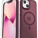 YENAPOON for iPhone 14 Case, iPhone 13 Case, with 1 Screen Protector, Matte Magnetic Slim Phone Cover, Support for Magsafe, Shockproof Protection Translucent Frosted Back,Wine Red Y The Glass is Broken