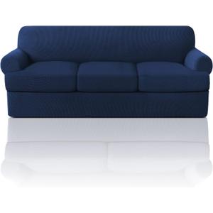 PrinceDeco T Cushion Sofa Slipcover 4 Pieces Sofa Covers for T Cushion Couch Soft Sofa Slip Covers Furniture Protector with 3 Individual T Shape Seat Covers Width Up to 90 Inch -Navy