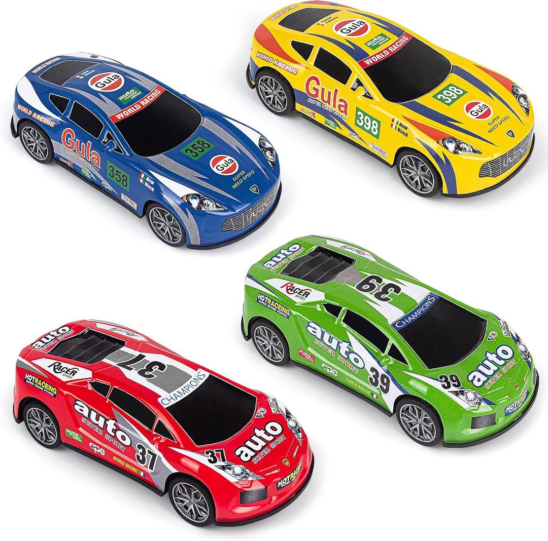 7 Inch Friction Powered Car Toys Set 4 Pack Push and Go Pull Back Race Trucks Toy Cars for Toddlers 1-3 4 5 6 Year Old Boys Girls Kids Birthday Gifts