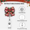 Christmas Bow Retractable Badge Reel Glitter Acrylic Badge Clip Cute Bow Retractable Badge Holder with Alligator Clip Winter Xmas ID Badge Holder for for Nurse Doctor Medical Worker & Teacher