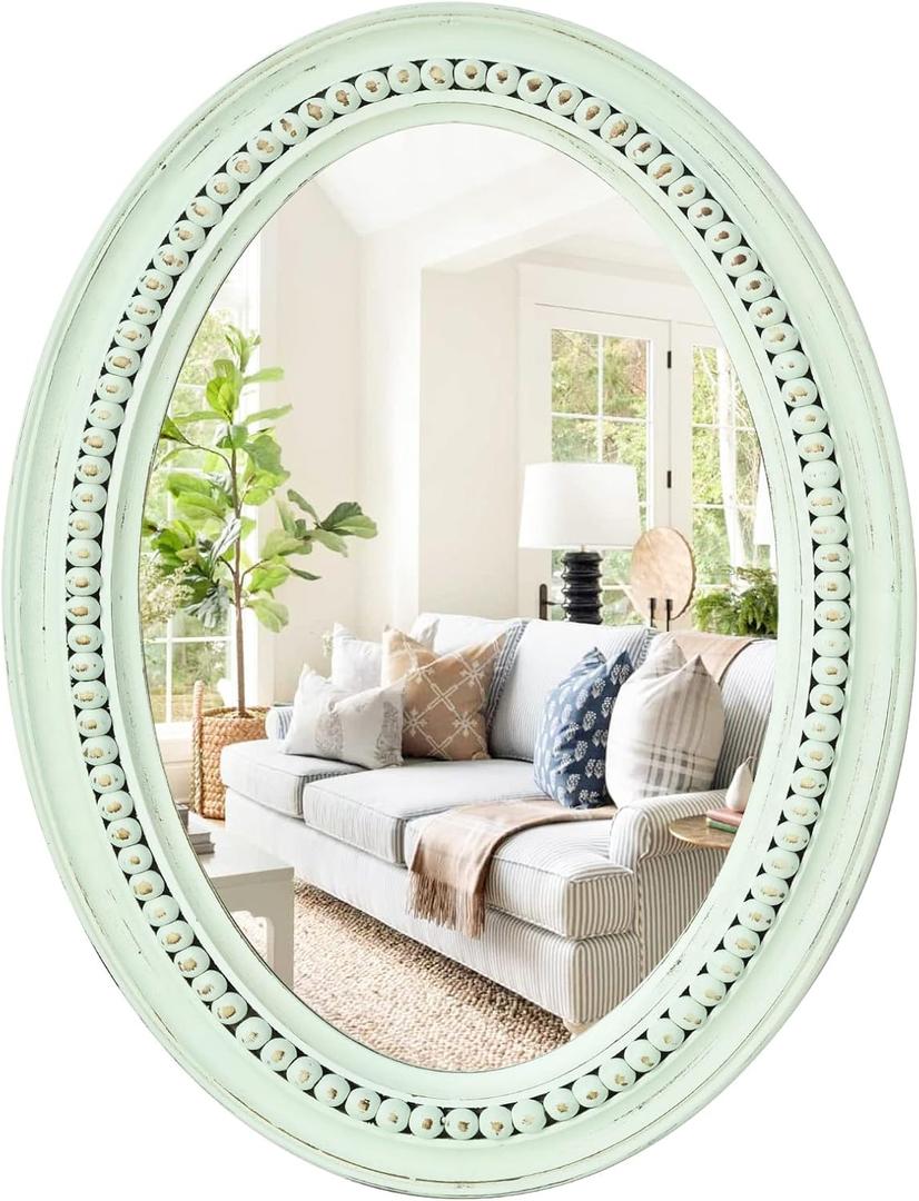 H HOMEWINS Oval Wood Rustic Mirror,20x30 Wooden Oval Decorative Mirrors,Farmhouse Wall-Mounted Green Beads Decor Mirror for Bedroom, Bathroom, Living Room,Vanity