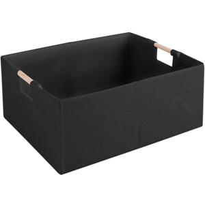 Fabric Storage Bin Box Foldable Cotton Linen Storage Basket with Wooden Handles Rectangular Cube Decorative Home Laundry Organizer Clothes Blanket Container  Black, Small