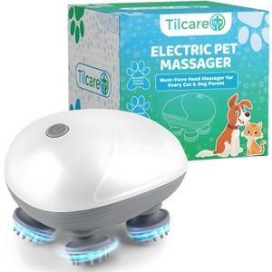 Tilcare Handheld Pet Massager for Dogs and Cats Electric Cat and Dog Massage Tool - Head and Back Scratcher for Relieving Tension, Tight Muscles and Stiffness with Four Rotating Massage Heads