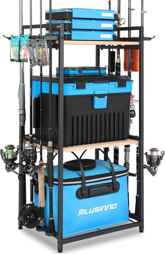 PLUSINNO 3 Tier Fishing Rod Holder, Fishing Pole Holders for Garage, Fishing Rod Rack Fishing Rod Storage Up to 8 Rods, Fishing Gear Tackle Box Fishing Equipment Organizers, Fishing Gifts for Men
