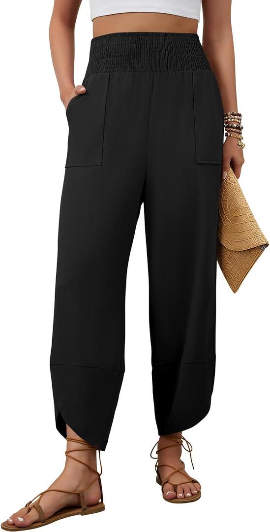 Womens Linen Pants Wide Leg Palazzo Capri Barrel Harem Pants Casual | High Waisted, with Pockets, Lounge, Cropped (Black, M)