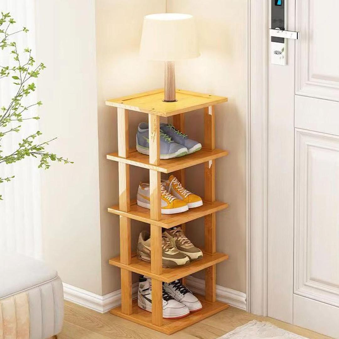 Bamboo Shoe Rack 5Tier- Vertical Shoe Rack for Small Spaces, Tall Narrow Shoe Rack Organizer for Closet Entryway Corner Garage and Bedroom,Skinny Shoe Shelf with Free Stackable DIY (Original Color)