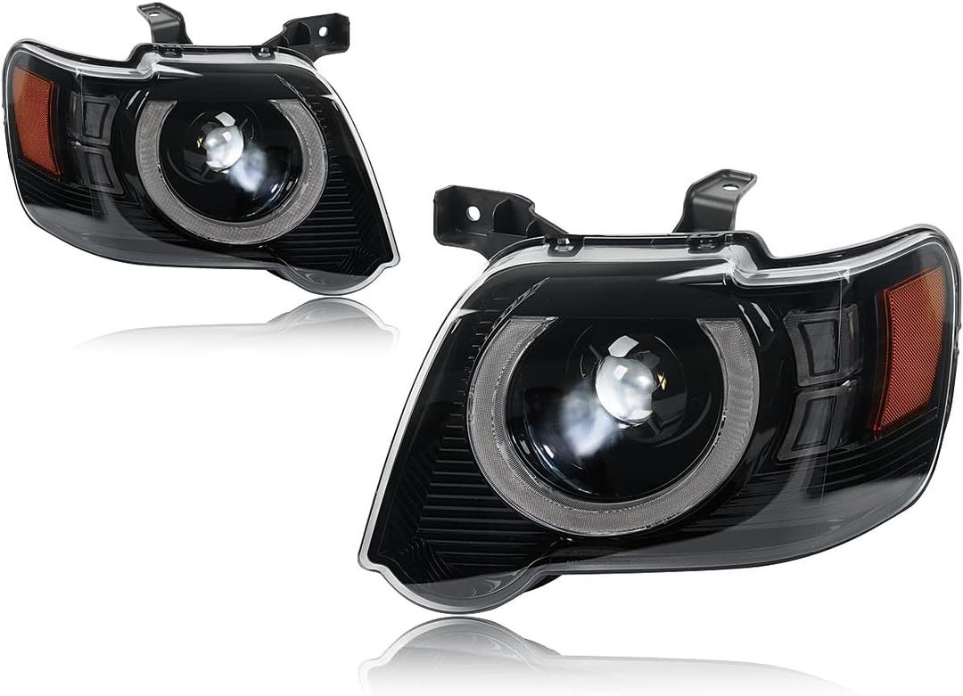 Pair Black LED Halo Headlights Fit 2006-2010 Ford Explorer