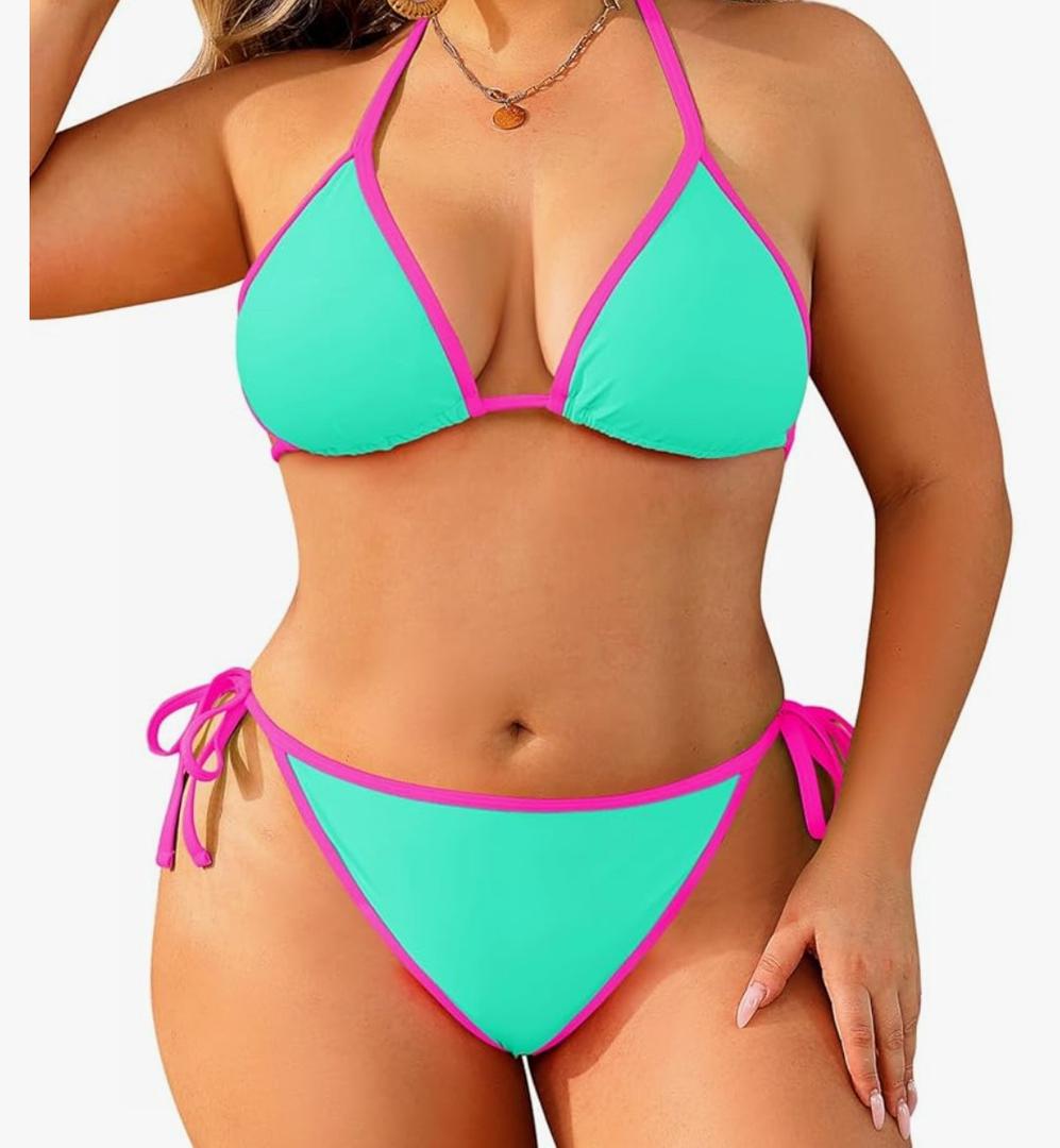 Tempt Me Women Plus Size Triangle Bikini Sets String Two Piece Halter Swimsuits with Tie Side Bottom,12 W