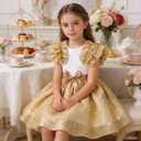Girls Butterfly Birthday Dress Rainbow Tutu Sparkle Sequin Tulle Doubble Sleeve Ruffle Bowknot Dresses (White, S) 5-6Y
