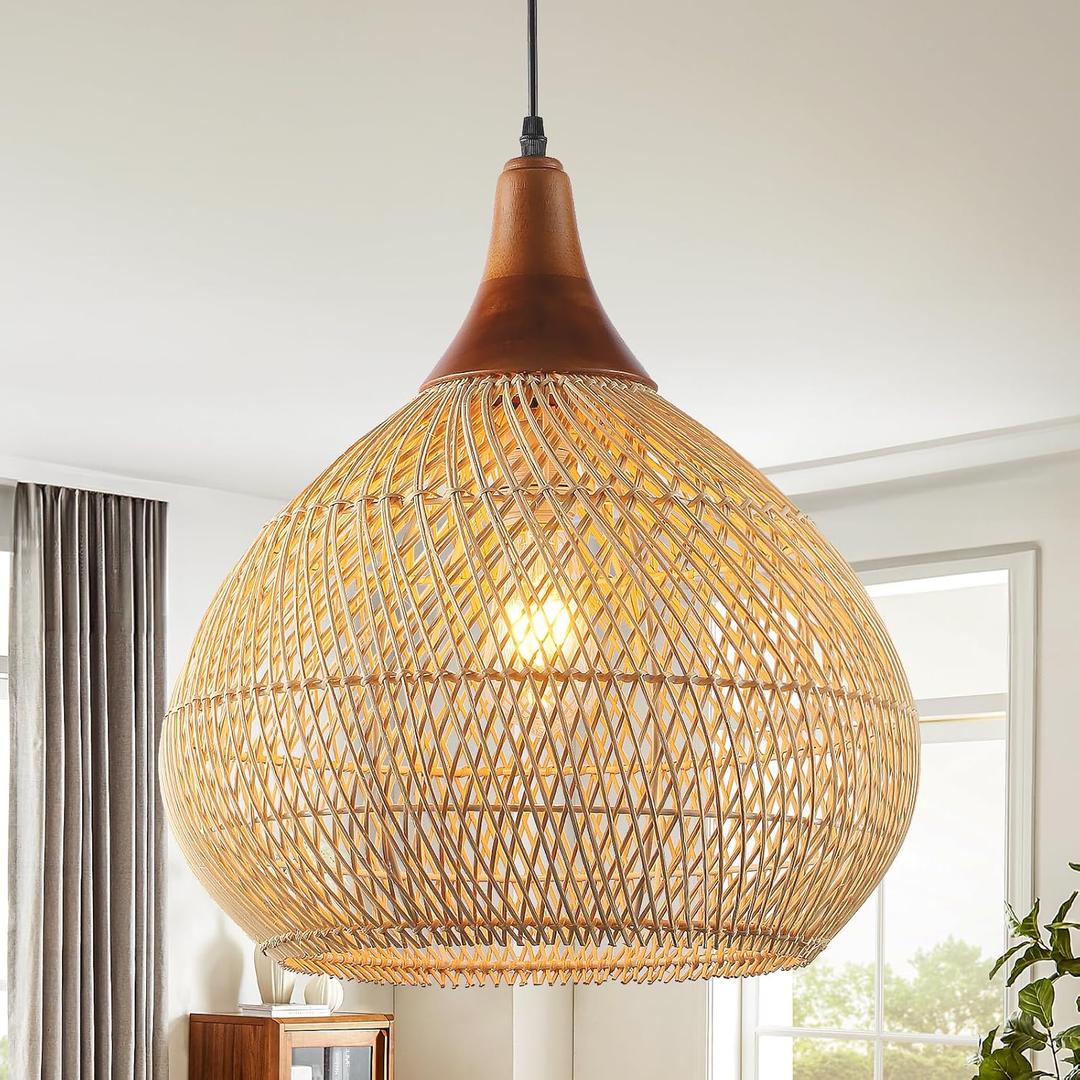 Rattan Pendant Light, Rattan Chandelier Hand-Woven Boho Pendant Light Fixtures with Solid Wood, Basket Wicker Chandelier for Dining Room Kitchen Island Living Room (D 16", Large)