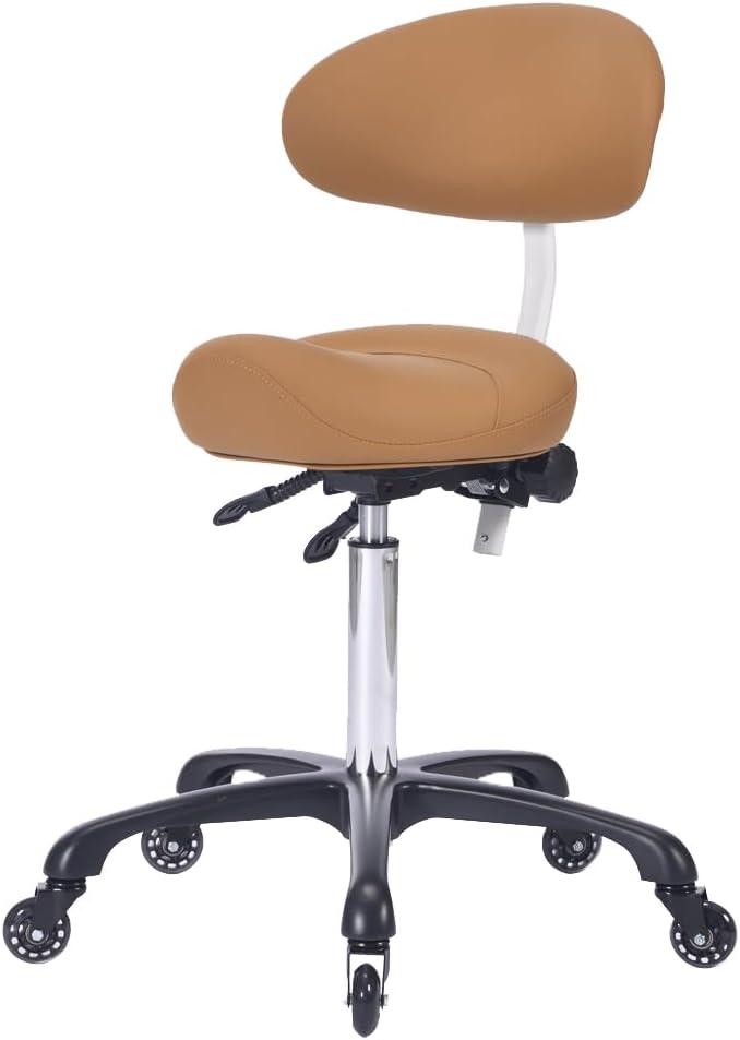 Ergonomic Rolling Saddle Stool with Back Support Professional Height Adjustable Swivel Chair for Drafting Salon Hair Massage Spa, in Camel