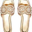 GORGLITTER Women's Gold Sparkly Flat Sandals Dressy Summer Rhinestone Boho Cute Wedding Square Open Toe Slides Shoes 2026, 43