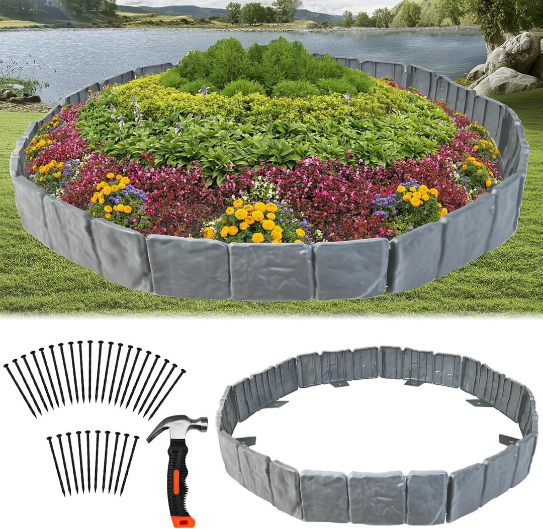 Garden Edging Border with Anchoring Spikes,Plastic Landscape Edging Border Imitation Stone Fence for DIY Outdoor Yard Landscaping (20pcs/16 FT, Gray)