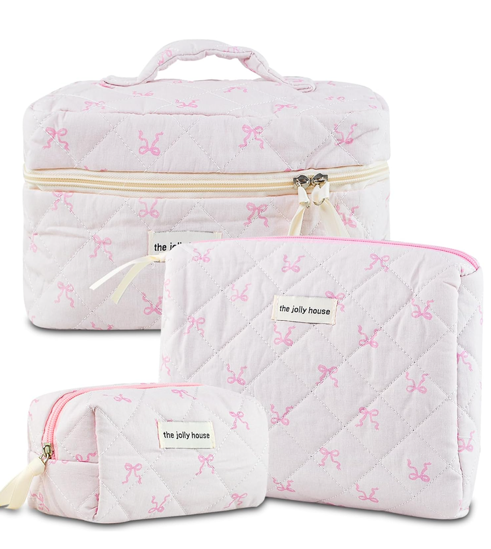 Makeup Bag, 3PC Quilted Makeup Bag Set Cotton Aesthetic Travel Large Cute Cosmetic Toiletry Bag for Women Girls