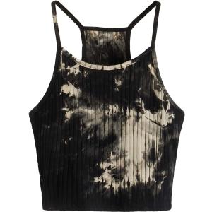 Women's Ribbed Knit Tie Dye Camisole Top Sleeveless Slim Fit Crop Tops Y2K Cami Streetwear Women Shirts (Large, Black)
