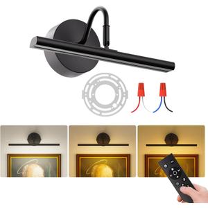 Hardwired Picture Light 12" LED Wall Art Light with Remote, 3CCT Dimmable Picture Lights for Wall, Gallery Art Lamp for Paintings Poster Light, 2700K-6500K Warm Nature White, 12W, Black
