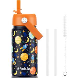 Fimibuke Kids Insulated Water Bottle, 14oz BPA FREE 18/8 Stainless Steel Travel Tumbler Double Wall Vacuum Leak Proof Kids Cup with Straw Metal Water Bottle for School Boys Girls(1 Pack, Space)