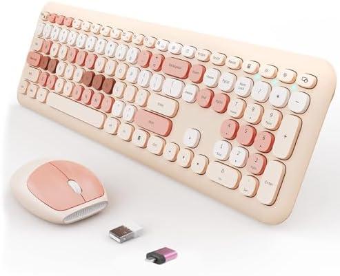 Wireless Keyboard and Mouse Combo, Colorful Ergonomic Full Size Retro Low-Noise Keyboard with Cute keycaps, Compatible with Windows, PC, Perfer for Home and Office Keyboards (Brown)