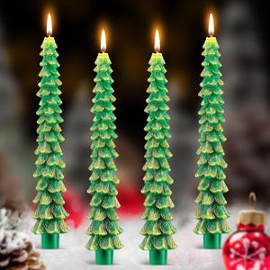 Ceoighe 4 Pack 10 Inch Christmas Tree Candles, Premium Natural Unscented Beeswax Christmas Tree Shaped Taper Candles with Cotton Wick, for Xmas Holiday Decor Party Banquet (Green with Gold Trim)