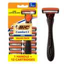 BIC Comfort 3 Men's Refillable 3-Blade Razors with 1 Handle and 12 Cartridges, Smooth Shave Razor Set for Men (Black/Orange)