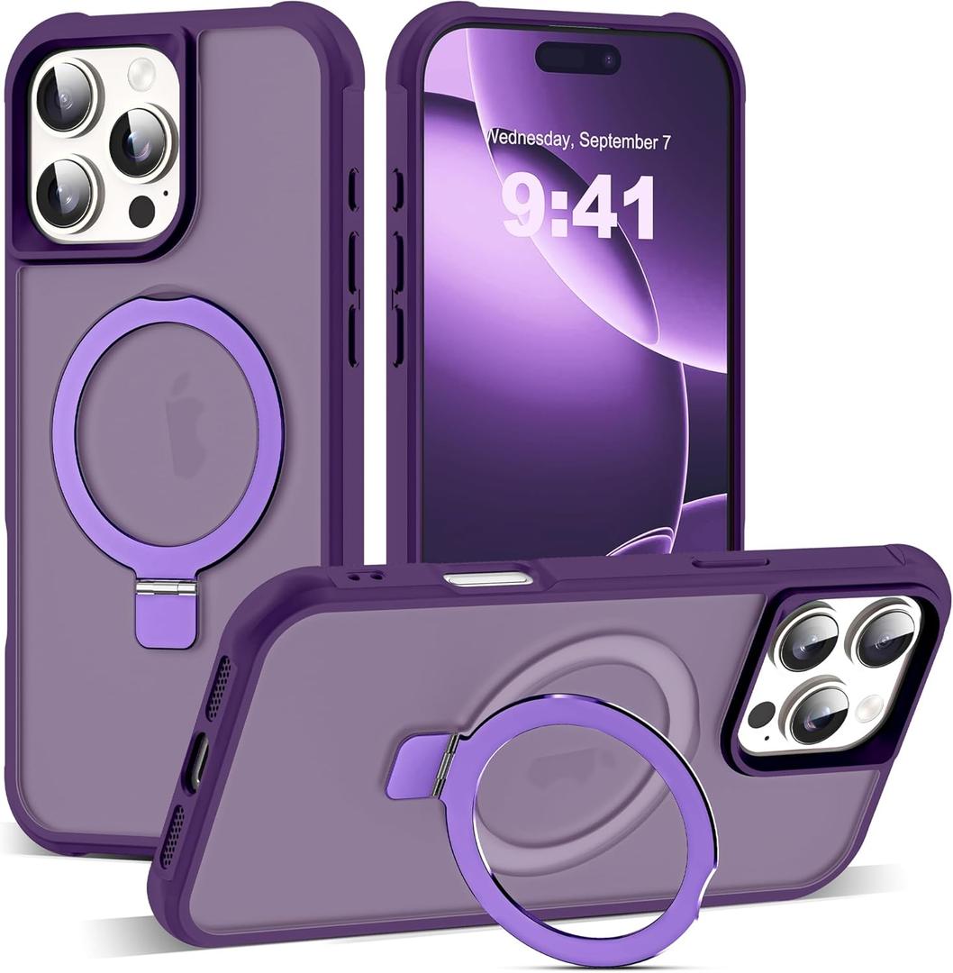 SKYLMW Compatible with iPhone 16 Pro Max Case with Invisible Magnetic O-Ring Stand Military-Grade Translucent Case for iPhone 16 ProMax 6.9" [Compatible with Mag-Safe][Great Grip Feeling], Purple