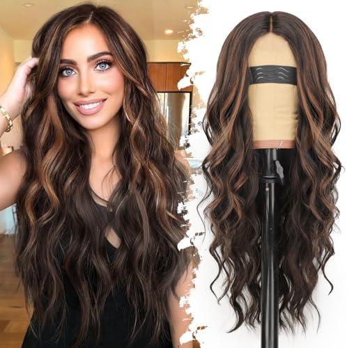 Eawwii Dark Brown Mixed Chestnut Wig for Women Long Wavy 4x1 Lace Natural Hairline Glueless for Beginners Middle Part Synthetic for Daily Party Use 26Inch