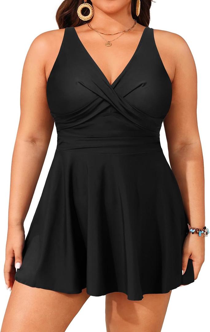Aqua Eve Plus Size Two Piece Swimsuits for Women Tankini Bathing Suits Flowy Swim Dress with Shorts (Black-1). 20W