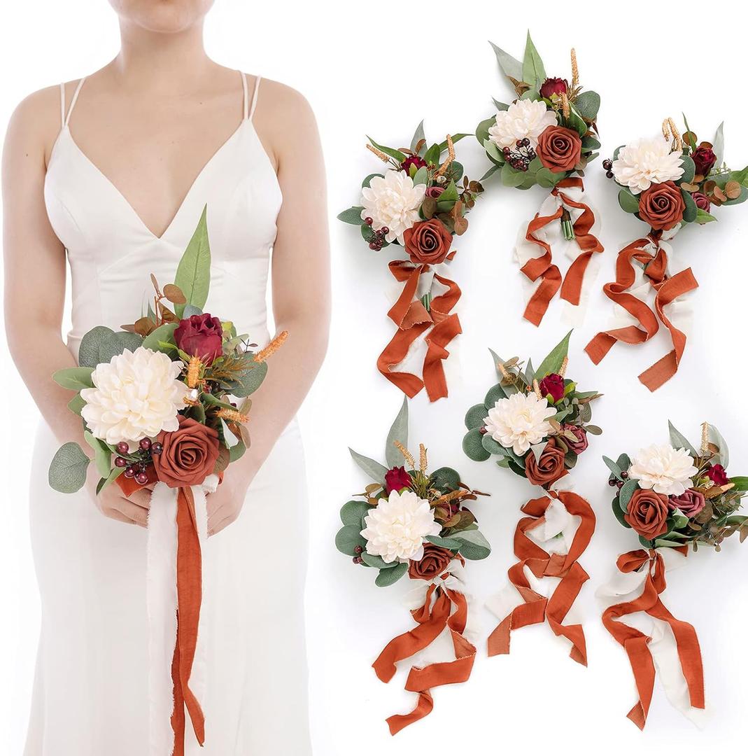 Ling's Moment Artificial Flowers Terracotta Bridesmaid Bouquet Set of 6, Fall Wedding Flowers Bouquets for Bridesmaids, 7 Inch Bridal Bouquets for Bridesmaids, Wedding Decor, Anniversary, etc (Or-burnt Orange)