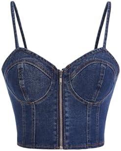 Milumia Women's Denim Bustier Crop Top Zip Front Spaghetti Strap Jean Cami Tank Tops Size S