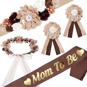 5 Pcs Baby Shower Sash Mom to Be Sash Maternity Kit Daddy to Be Pins Corsage Flower Crown Belly Belt Pregnancy Sash for Bear Theme Gender Reveals Party Favor Decorations Parents Props Gifts(Brown) (Brown)