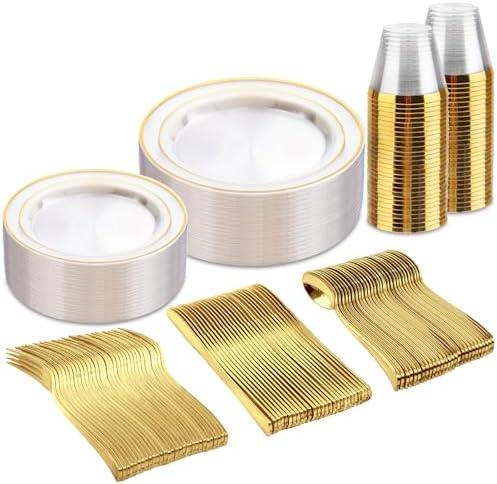 bUCLA 150Pcs Clear Gold Plastic Dinnerware Set - Clear and Gold Disposable Plates Include 25 Dinner / 25 Dessert Plates,25 Knives,25 Forks,25 Spoons,25 Cups for Party, Fall & Thanksgiving