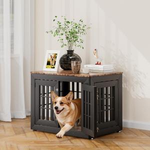 Snuowu 32" Heavy-Duty Dog Crate Furniture for Small/Medium Dogs, Rustic Wooden Dog Cage Kennel Indoor Furniture, Decorative Pet House End Table, Black & Wood