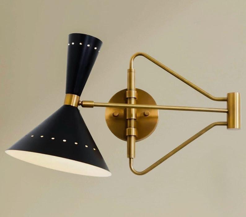 Mid Century Modern Black Wall Sconce – Adjustable Swing Arm Brass Wall Light with Double Cone Shade, Vintage Modern Accent Lighting for Bedroom, Living Room, Hallway, Office (Brushed Brass)