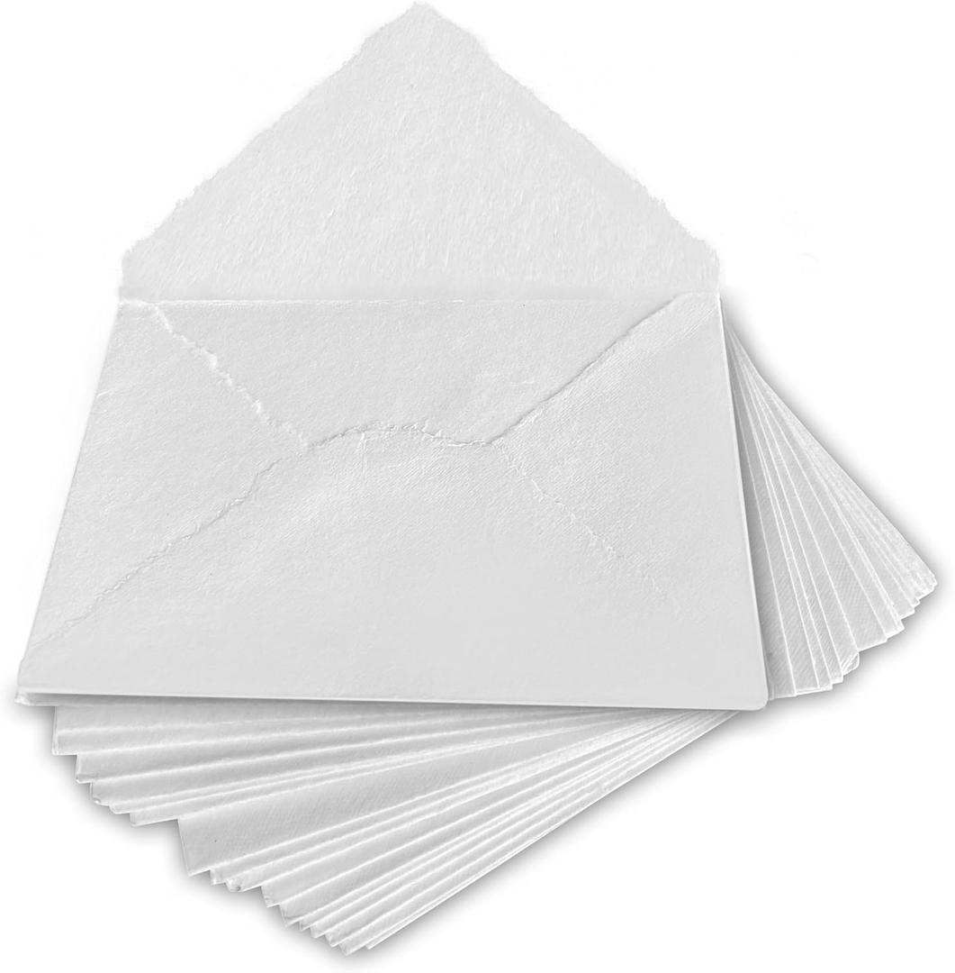 Wanderings Handmade White Deckle Edge Envelope - 5.25x7.25" Package of 25 - for Announcements Wedding Invitations Greeting Cards Crafts - Thick 150 GSM