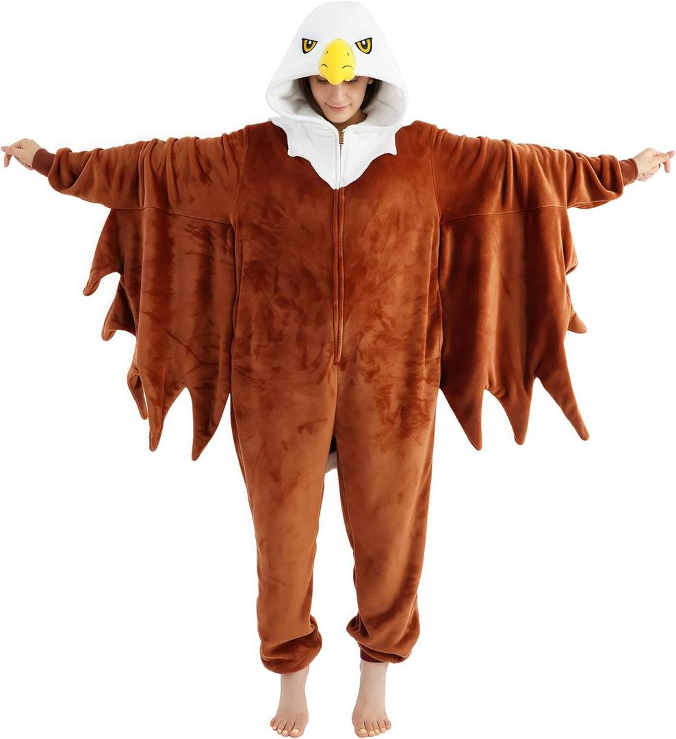 UiopSo Unisex Adult Eagle Onesie Pajamas, Flannel Hooded Sleepwear Halloween Costumes Animal Cosplay Homewear (Small, Bald Eagle)