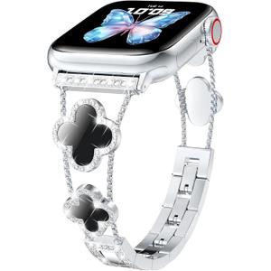 CTYBB Bling Diamond Band Compatible with Apple Watch Bands for Women 40mm 41mm 38mm 42mm Series 11 10 9 8 7 6 5 4 SE 3 2 1, Sparkle Metal Bracelet Wristband, Cute Lucky Clover Dressy iWatch Band,Silver/Black