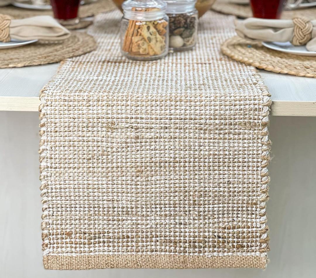 Chardin home Natural Jute Table Runner 13x108 Inch  Vintage Boho Rustic Table Decor  Handwoven Long Table Runner in Natural Jute and Ivory  Farmhouse Dining or Console Table Accent
