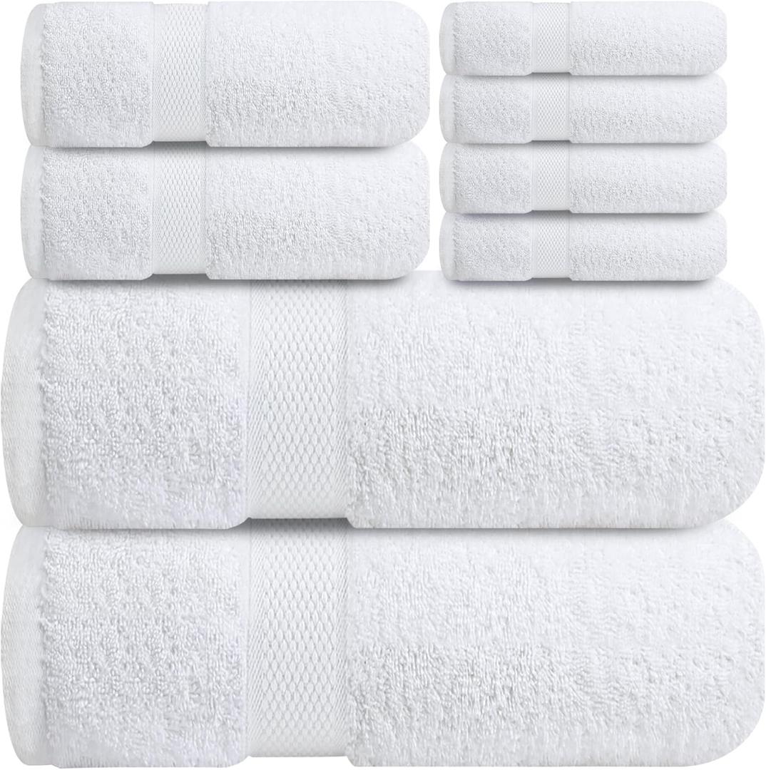 Infinitee Xclusives Luxury 100% Cotton Towel Set  8 Piece Bathroom Towel Set (2 Bath Towels, 2 Hand Towels, 4 Washcloths)  Soft & Absorbent Towels for Bathroom (Brilliant White)