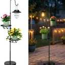 60.62'' Shepherd's Hook Stand Plant with Solar Lantern, Outdoor Floor Lamp, Wind Chime Hanger Stand, Waterproof Metal Adjustable Height Standing Pole Holder & Light for Patio Decor (2 Placement Racks)