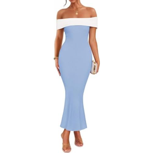 ZESICA Women's 2025 Summer Off The Shoulder Ribbed Knit Sweater Dresses Sleeveless Color Block Party Bodycon Maxi Dress, Sky, M