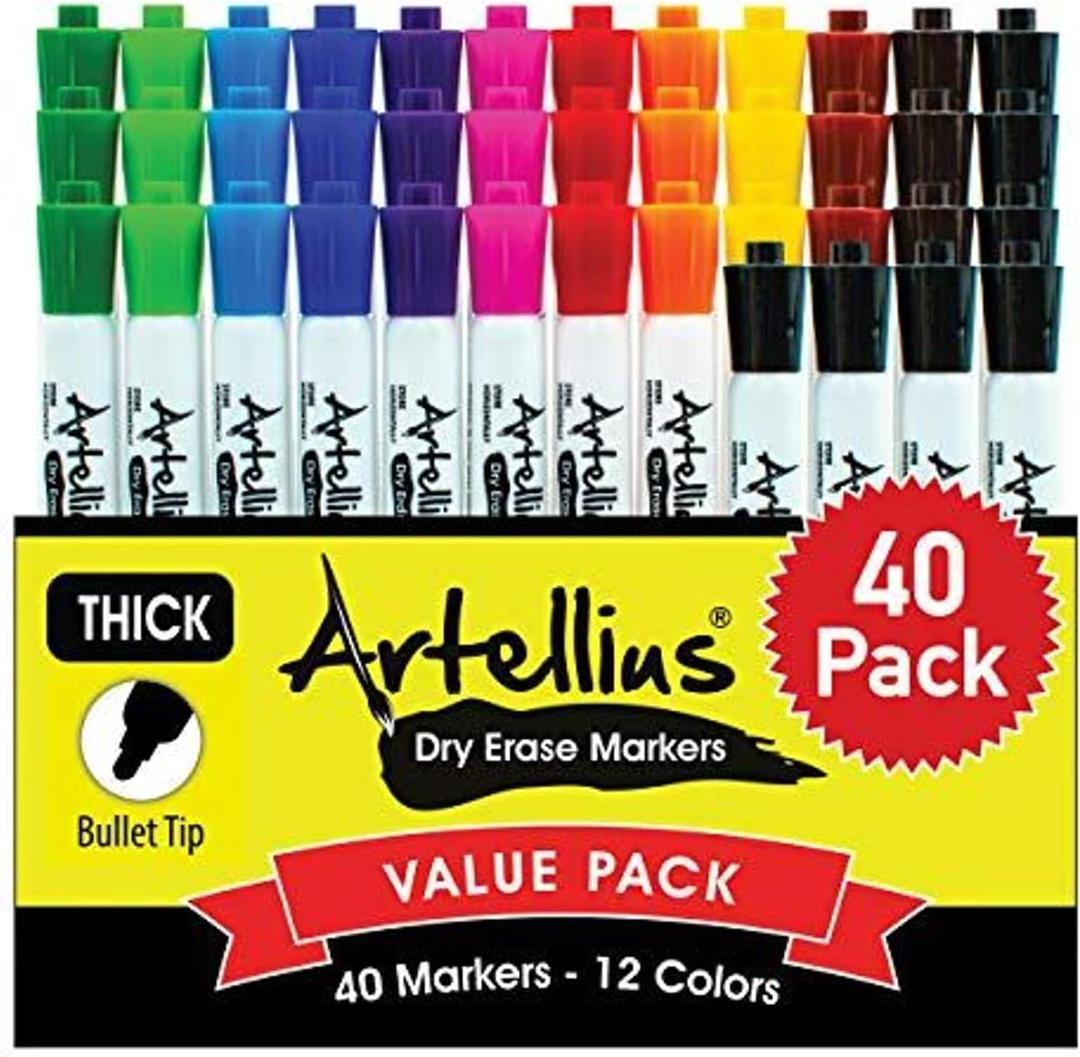 Artellius Dry Erase Markers - Low Odor Ink & Whiteboard Markers - Washable Dry Erase Pens for Kids & Teacher Supplies - School Supply Bulk & Classroom Must Haves - Pack of 40, Assorted Colors