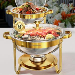 6.5QT 2 Pack Round Chafing Dishes for Buffet with Glass Lid, Gold | Large Capacity, Rolled-edge, Thickened & Sturdy, Buffet Servers and Warmers, Food Warmers for Parties, Weddings, Catering