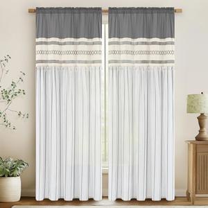 FRAMICS Linen Curtains for Living Room Grey Striped Window Curtain Farmhouse Curtains for Bedroom Boho Crochet Drapes 84 Inch Length 2 Panels Set Light Filtering Drapes Rod Pocket Window Treatment