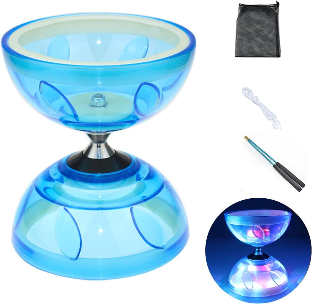 Chinese Diabolo Yoyo Set - Triple Bearing LED Diabolo Yo-yos Juggling Toys with Diablo Sticks, String & Net Bag, Easier Start/Faster/Stable & Lasts Longer (Blue), 5.12 inches