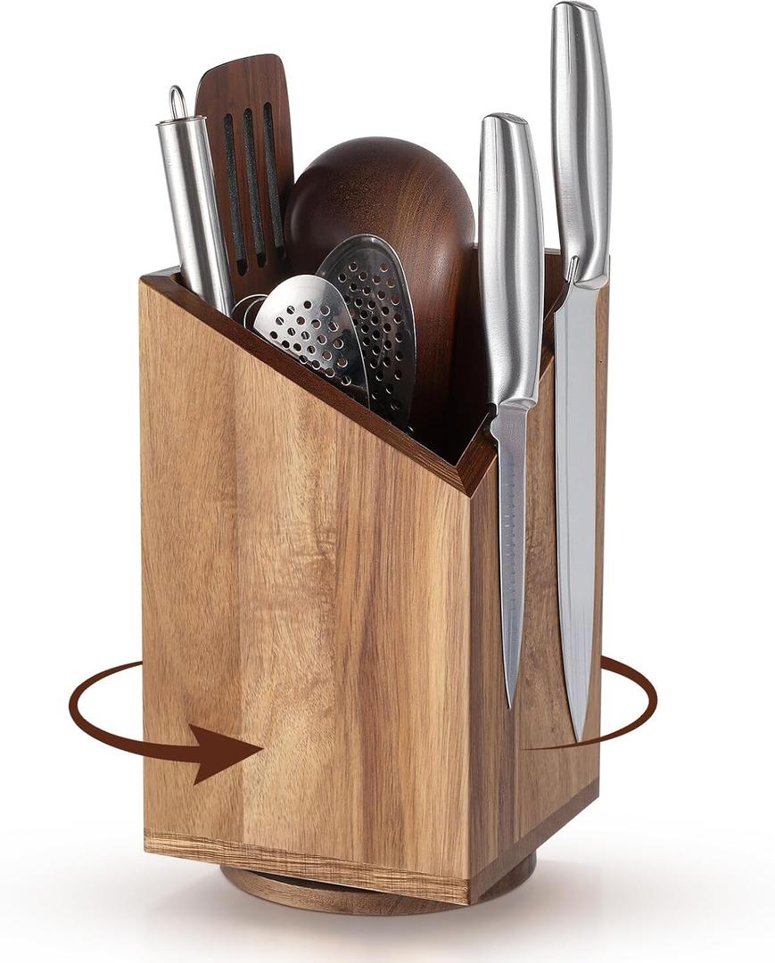 Magnetic Knife Block Without Knife Wood Utensil Holder 360° Rotatable Magnetic Knives Holder Organizer 9.65 x 5.5 Inches Universal Magnet Organizer, Large Acacia Wood Kitchen, Farmhouse Countertop Cook