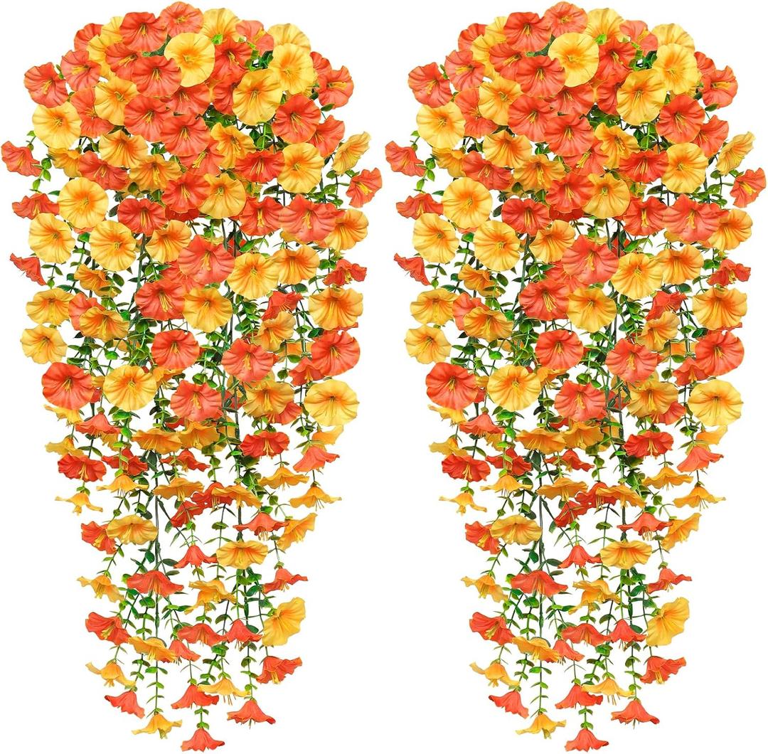 TOCHGREEN Artificial Fall Hanging Flowers Plants for Outdoor Fall Decor,2PCS Faux Silk Long Trailing Vines UV Resistant Fake Mums Morning Glory Flowers for Halloween Patio Outside Autumn Decor (Orange Yellow), 5"D x 5"W x 15"H