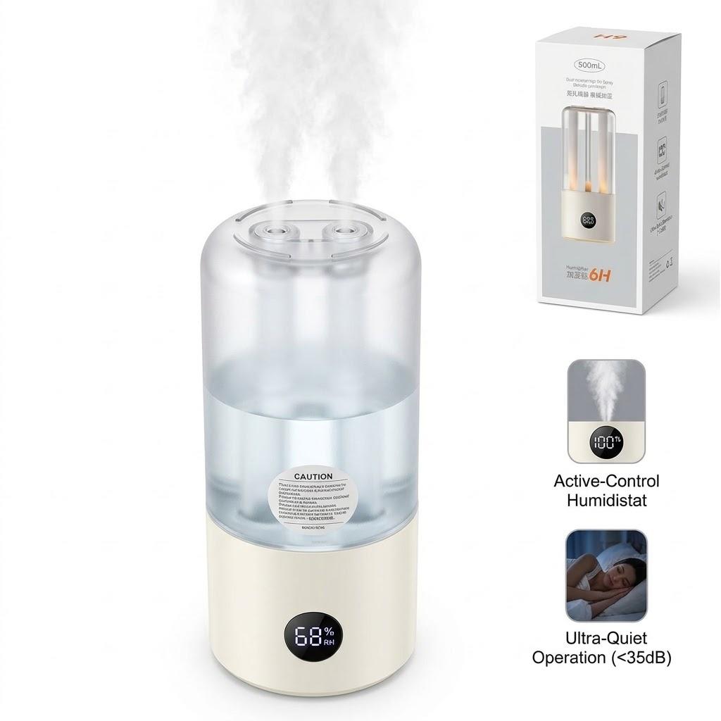 H9 Portable 500ml Cool Mist Humidifier, Dual Nozzle Personal Desk Humidifier with Smart Digital Display, Ultra-Quiet Battery Operated Small Humidifiers for Bedroom, Office, Baby Room & Travel (White)
