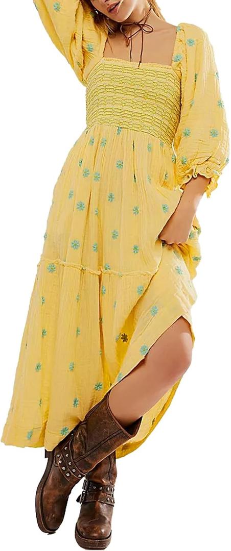 ABYOVRT Women Floral Embroidered Maxi Dress Long Puff Sleeve Square Neck Bohemian Flowy Dress with Pockets Summer Fall (Yellow)
