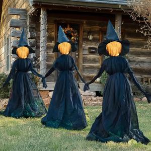 NEROSUN Halloween Decorations, 4 FT Set of 3 Light Up Witches Holding Hands Witches with Stakes, Witch Decorations with Glowing Face for Yard Garden Outdoor Lawn Porch Haunted House Decor
