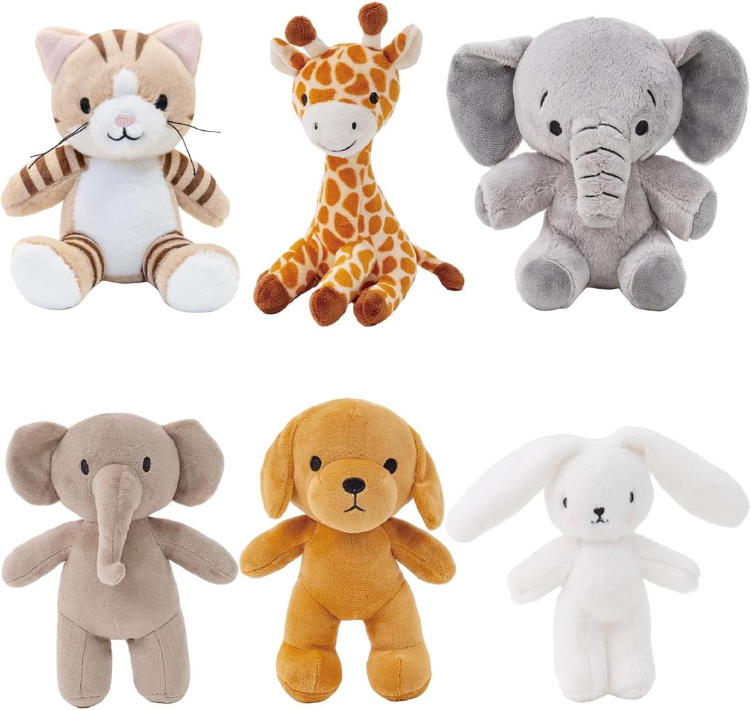 6 Pcs Stuffed Animals Bulk, 8 Inch Small Stuffed Safari Animals, Zoo Stuffed Animals Set (Cat Dog Elephants Giraffe Bunny) Baby Shower Party Decor, Easter Gift for Classroom Kids, Teens, Girls